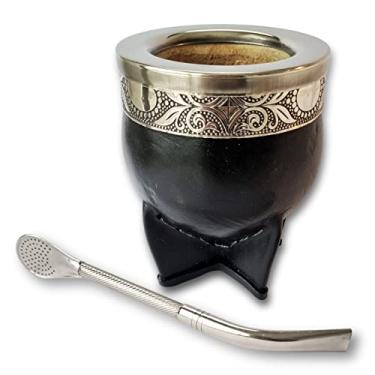 Imagem de DUEVOLO - Preto - cabaça de erva mate (copo mate) - mate uruguaio - envolto em couro - inclui bomba de aço inoxidável (Mate Imperial) - Mate Cup e conjunto Bombilla (Guarda Abstracta)