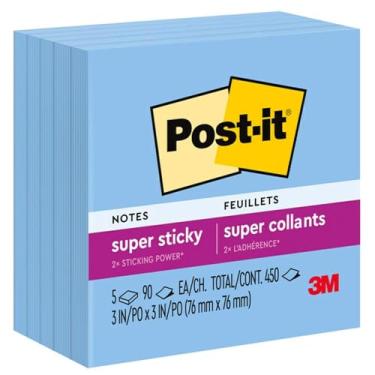 Imagem de Post-it® Notas super adesivas, 450 notas no total, pacote com 5 blocos, 7,6 cm x 7,6 cm, azul safira, 90 notas por bloco