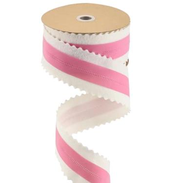 Imagem de MEEDEE Fita de feltro de Natal 6 cm com fio 10 jardas branca com recorte de rack médio de veludo rosa para decoração de árvores, arco de topo, guirlanda