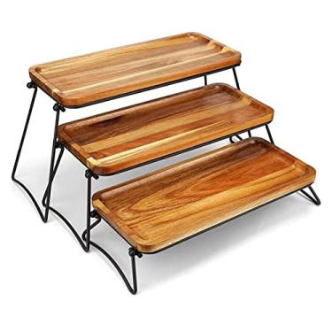 Imagem de Bandeja de Servir de 3 Camadas, Suporte de Exibição de Madeira de 3 Camadas para Servir Charcutaria, Queijo, Lanche, Biscoito, Manteiga, Carne (Grão de madeira)