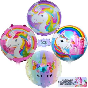 Imagem de Balão Metalizado Unicórnio 45cm, Kit 3 Balão Unicórnio Redondo Grande.