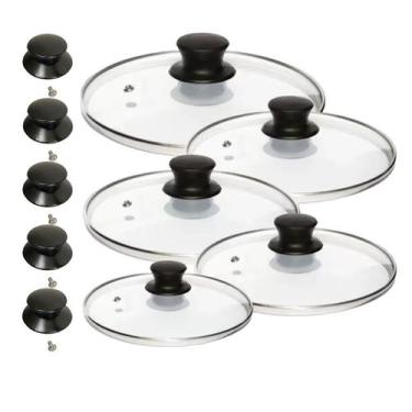 Imagem de Kit Tampa Vidro Panela Frigideira 16 a 24 e 5 Puxador Extra - ALUMINIO