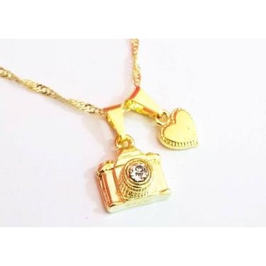 Imagem de Colar Cordão Câmera Fotográfica Coração Folheado