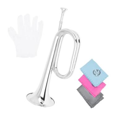Imagem de Almencla Trompete Soprando Portátil com Luvas Mini Instrumento de Latão Marchando para Performance de Palco Estudantes Crianças, Prata