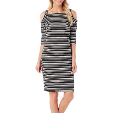 Imagem de Gabby Skye Vestido feminino com manga 3/4 e ombro vazado listrado na bainha, Preto/Marfim, 38