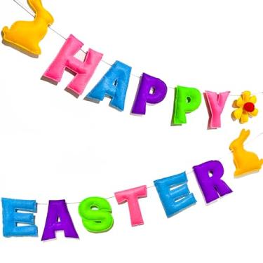 Imagem de Meygajoe Faixa pré-amarrada feliz páscoa colorida coelho feliz páscoa bunting guirlanda primavera feltro decoração faixa de páscoa interior para decoração de manto de casa suprimentos de festa de