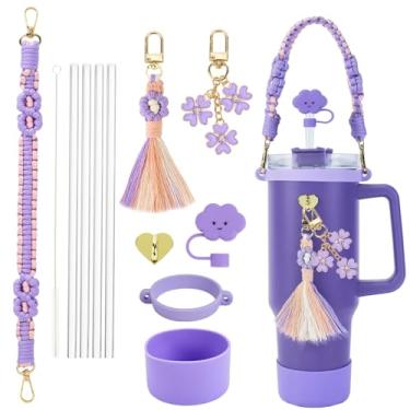 Imagem de Conjunto de acessórios para copo Stanley, alça de paracord para transporte simples moderno e outros copos de 227 g - 1,134 g. Conjunto de transporte de garrafa de água com 12 peças (roxo)