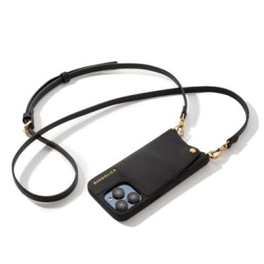 Imagem de Bandolier Capa carteira Emma Crossbody para iPhone 16 Pro Max. 100% couro de seixo genuíno. Alça transversal ajustável e removível. Suporte para cartão com fecho de pressão. Preto com ferragens