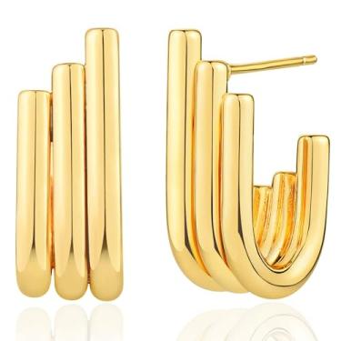 Imagem de BENEIGE Brincos de argola femininos de argola aberta em forma de C banhado a ouro 14 K Boho praia simples delicado feito à mão hipoalergênico diário joias, Latão, Sem pedra preciosa