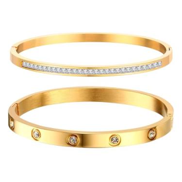 Imagem de Pulseiras de ouro para mulheres - 2 peças banhado a ouro 18 K Bracelete de zircônia cúbica de cristal pulseira de amizade joias, festa de casamento Natal Dia dos Namorados presentes de aniversário para sua namorada, irmã e filha, Sem pedras preciosas