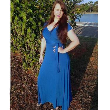 Imagem de Vestido Longo Faixa Moda Evangélica Feminina - Miss Flower, Azul, PP, 