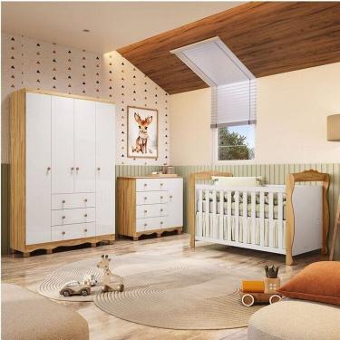 Imagem de Quarto de Bebê Completo com Guarda-roupa 4 Portas e Cômoda e Berço Nina 100% Mdf Espresso Móveis Branco Brilho/Amêndoa