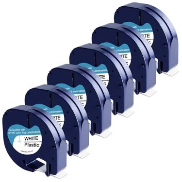 Imagem de Pacote com 6 fitas de plástico branco 91331 para refil Dymo Letratag 12 mm x 4 m 1/2 polegadas x 13 pés, funciona com máquinas de etiquetas DYMO LetraTag LT-100H LT-100T QX50