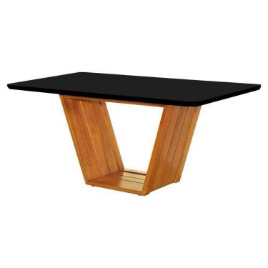 Imagem de Mesa De Jantar Luxo Retangular 160x90 MDF Vidro Para 6 Lugares Pés Madeira Maciça Safira Mel Preto
