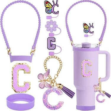 Imagem de ZYBIDEAL Conjunto de acessórios roxos de 8 peças para Stanley Cup, 3 peças de canudo de 10 mm, alça de silicone para garrafa de água, bota para Stanley 30 e 1,134 g, corrente com pingente de letra,