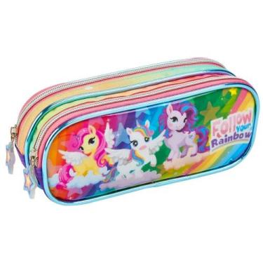 Imagem de Estojo Escolar Infantil 2 Compartimentos Unicórnio Rainbow - Denlex, U