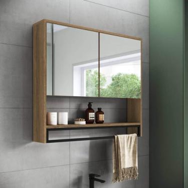 Imagem de Armário Espelheira Banheiro 80cm c/ 2 Portas e Toalheiro Mel - Placa e
