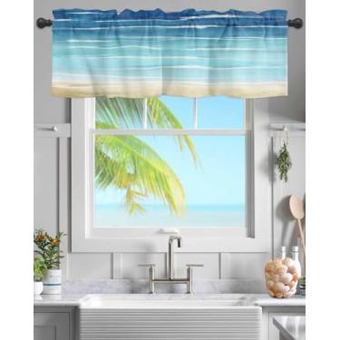 Imagem de Cortinas curtas com bolso para varão de janela azul gradiente para cozinha, cortina de praia marrom abstrata à beira-mar sanefa tratamento de janela para quarto, sala de estar, banheiro, 137 x 45 cm