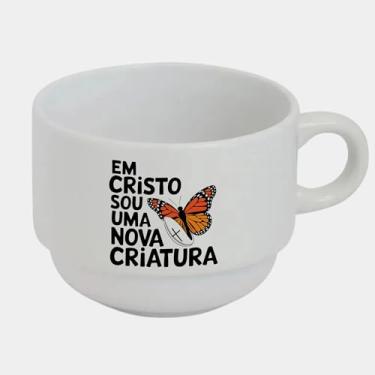 Imagem de Xícara Branca Bucks de Porcelana 180ml - IGREJA CATOLICO BORBOLETA FRASE NOVA CRIATURA CRISTO