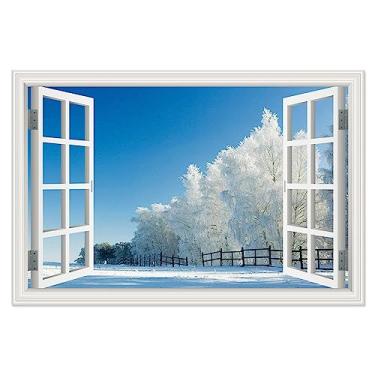 Imagem de Arte de parede em tela de janela aberta. Pintura de paisagem arte de parede em tela de janela aberta. Lindas imagens de céu azul de borda de inverno. Arte de cenário para decoração de sala de estar 40