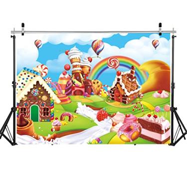 Imagem de Candyland Pano de fundo de 2,8 x 1,8 m de desenho animado arco-íris pirulito sorvete doce donut doce fotografia fundo para decoração de festa de primeiro aniversário adereços para fotos de chá de bebê (243 x 182 cm)