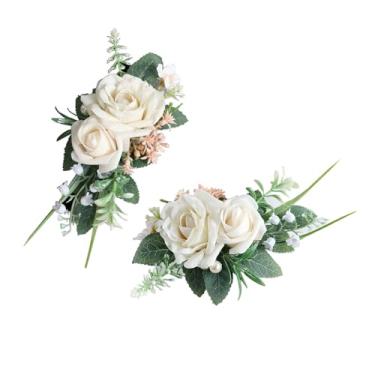 Imagem de Conjunto de corpete e flor na lapela de pulso rosa marfim, pulseira masculina de corsage artificial para casamento, flores, cerimônia, acessórios, decorações de terno de formatura, 2 peças (branco)