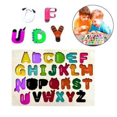 Imagem de Alfabeto Bichos Tabuleiro Madeira Brinquedo Encaixe Didático - DM TOYS