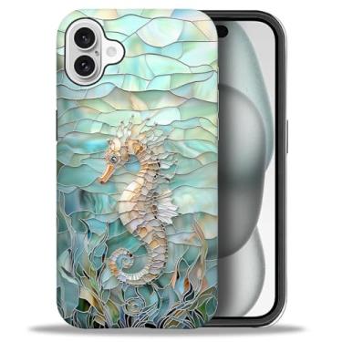 Imagem de Punmada Capa para iPhone 16, para meninas mulheres menino capa híbrida rígida à prova de choque de silicone capa protetora de corpo inteiro fosco para iPhone 16 vidro submarino padrão cavalo marinho