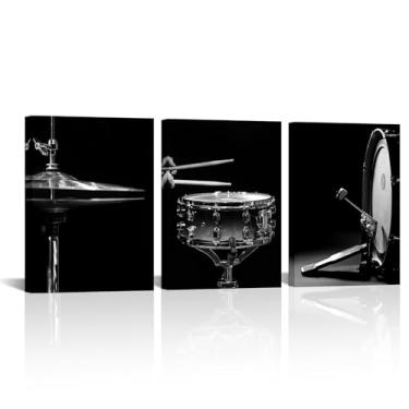 Imagem de Canvbay Arte de parede em tela de música, preto e branco, kit de bateria de jazz impresso, pôster, imagens de instrumentos musicais, decoração de casa moderna para estúdio de rock, sala de música, 30