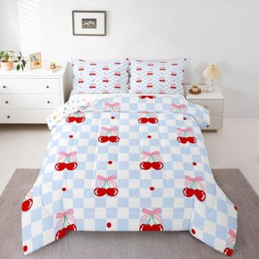 Imagem de Conjunto de edredom infantil com laço rosa tamanho Queen, gravata borboleta cereja frutas tropicais, decoração de quarto de meninas e mulheres, edredom geométrico quadriculado de patchwork, enchimento