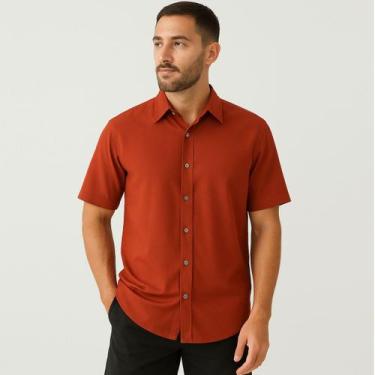 Imagem de Camisa Masculina Social De Botão Manga Curta Terracota Viscose - Upclo