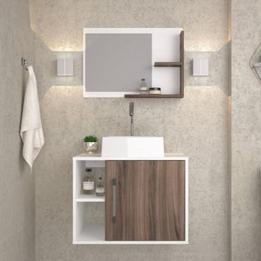 Imagem de Conjunto para Banheiro Gabinete com Cuba Quadrada Q32 e Espelheira Laura Branco Chess Nogal