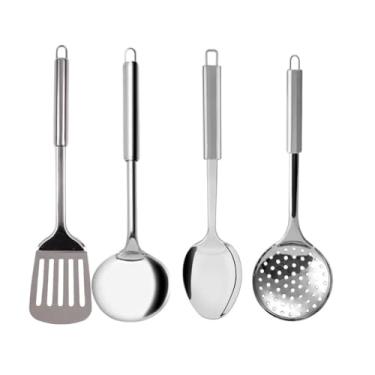 Imagem de Kit 6 Utensílios de Cozinha em Aço Inox Escumadeira Concha Colher Arroz Pegador Massa Garfo Trin (4 UN)