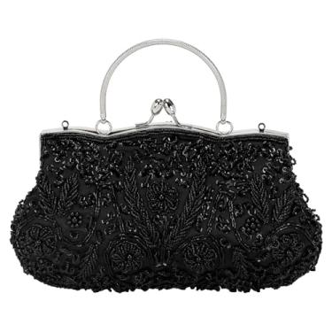 Imagem de DTGN Bolsa clutch para noite bolsa de mão bolsa transversal carteira para mulheres formal casamento clube festa preto contas lantejoulas, Preto, Small (6)