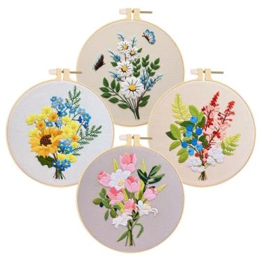 Imagem de Huacan Kits de bordado para adultos, estampa de flores estampadas para iniciantes, 4 peças, kit de costura de ponto cruz faça você mesmo, 19 x 19 cm