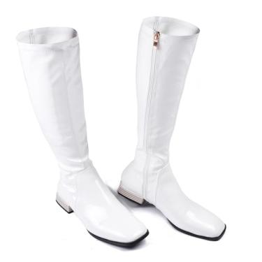 Imagem de GENSHUO Botas de cano alto femininas confortáveis salto plano vintage bico quadrado outono inverno sólido zíper lateral fantasia cavaleiro botas, Couro envernizado branco, 36