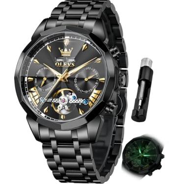 Imagem de OLEVS Relógios de pulso masculinos automáticos mecânicos luxuosos, mostrador grande, turbilhão, esqueleto, luminoso, G6619: pulseira preta e mostrador preto, Presente de festa clássico casual de luxo