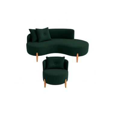 Imagem de Conjunto 01 Poltrona + Sofá Curvo Orgânico Veludo Verde - Montanaris Decor