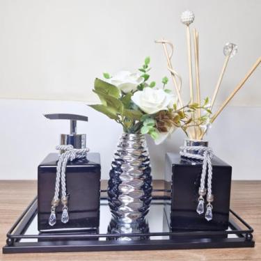Imagem de Kit Lavabo Completo com Aromatizador, Saboneteira Líquida, Vaso Decorativo Flor e Bandeja Metal Espelhada Preto e Prata - Naneh Decor®