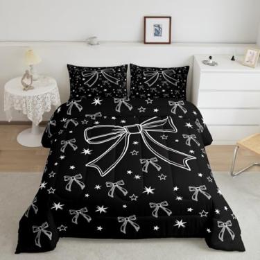 Imagem de Feelyou Conjunto de cama infantil com laço preto, tamanho solteiro, estampa de estrela, edredom com nó de borboleta, nó de borboleta, decoração de quarto