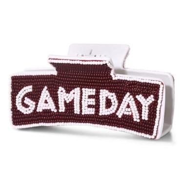 Imagem de Grampo de cabelo com contas para dia de jogo para mulheres, clipes de cabelo grandes de futebol americano, fã de time esportivo, acessórios para mães, roupas de dia de jogo (branco borgonha)