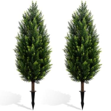 Imagem de Hadoife Topiária artificial de cedro de 99 cm com estacas – Conjunto de 2 arbustos artificiais resistentes a UV e sem manutenção para decoração ao ar livre, plantas falsas que parecem reais