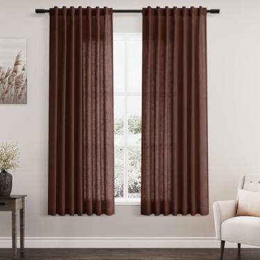 Imagem de Cortinas rústicas de linho marrom 153 cm de comprimento, conjuntos de 2 painéis para sala de estar, quarto, varão, bolso traseiro, filtro de luz, drapeado para janela de cozinha, cortina de