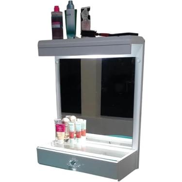 Imagem de Penteadeira Jade para Maquiagem e Joias Suspensa com Gaveta, Espelho, Tampo de Vidro e Lâmpada LED 100% MDF