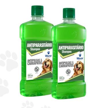 Imagem de KIT 2 unidades Shampoo Antipulgas E Carrapato Antiparasitário Para Cães Verde 500 Ml World Veterinária Higiene Banho Aroma de Erva doce