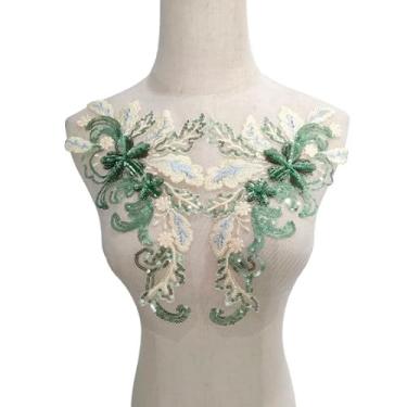Imagem de Aplique bordado de lantejoulas de malha, aplique de renda de flor, faça você mesmo, costurar em roupas, vestido de casamento, decoração de vestido de casamento, 1 par (verde)