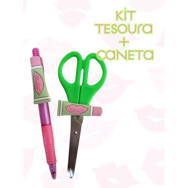 Imagem de Kit Tesoura e Canetas esferografica hidratante labial tesoura sem ponta escolar e caneta azul papelaria