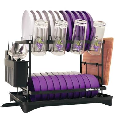 Imagem de KLEMING| Escorredor de Louças com Design em 2 Níveis, Preto em Aço Carbono Inoxidável, Resistente a Ferrugem com Bandeja Drenagem automática, Moderno, Antiderrapante.
