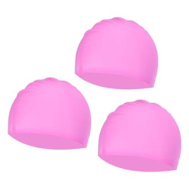 Imagem de YELARXI Touca de natação de silicone à prova d'água, confortável, antiderrapante, adequada para mulheres e homens, cabelo longo e curto adulto (3 peças, rosa)