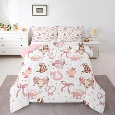 Imagem de Erosebridal Conjunto de cama casal com botas de vaqueira ocidental, lindo laço rosa, nó rosa, para meninas e crianças, cacto, touro, caveira, ferradura, edredom com inserção, gravata borboleta rosa